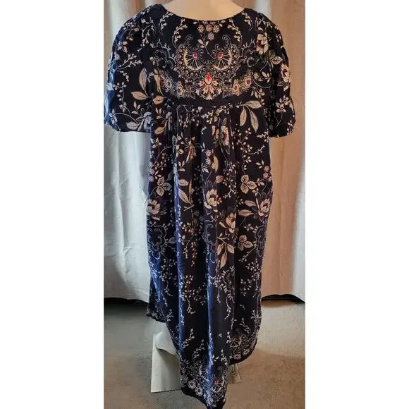 Only Necessities Women's 4X Bib Front Blue Floral Lounge Dress Nightgown Pockets - Picture 4 of 7